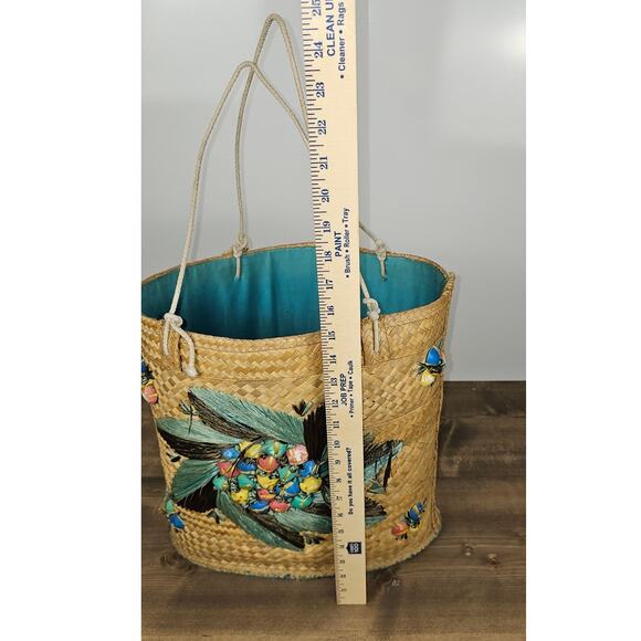 VTG 50s or 60s woven beach bag flat bottom rope handle some frays inside stains - Picture 9 of 11